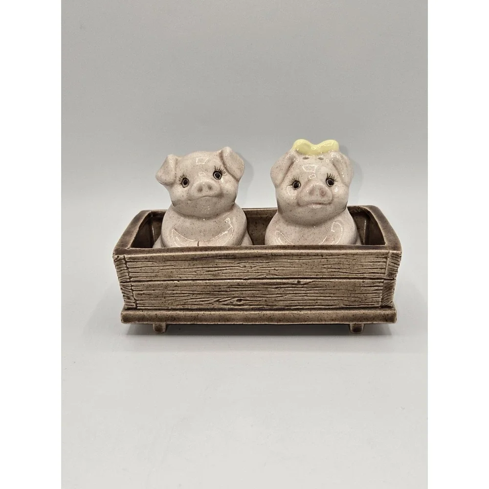 Vintage Pig In Trough Salt and Pepper Shakers Set Farmhouse Country Kitchen